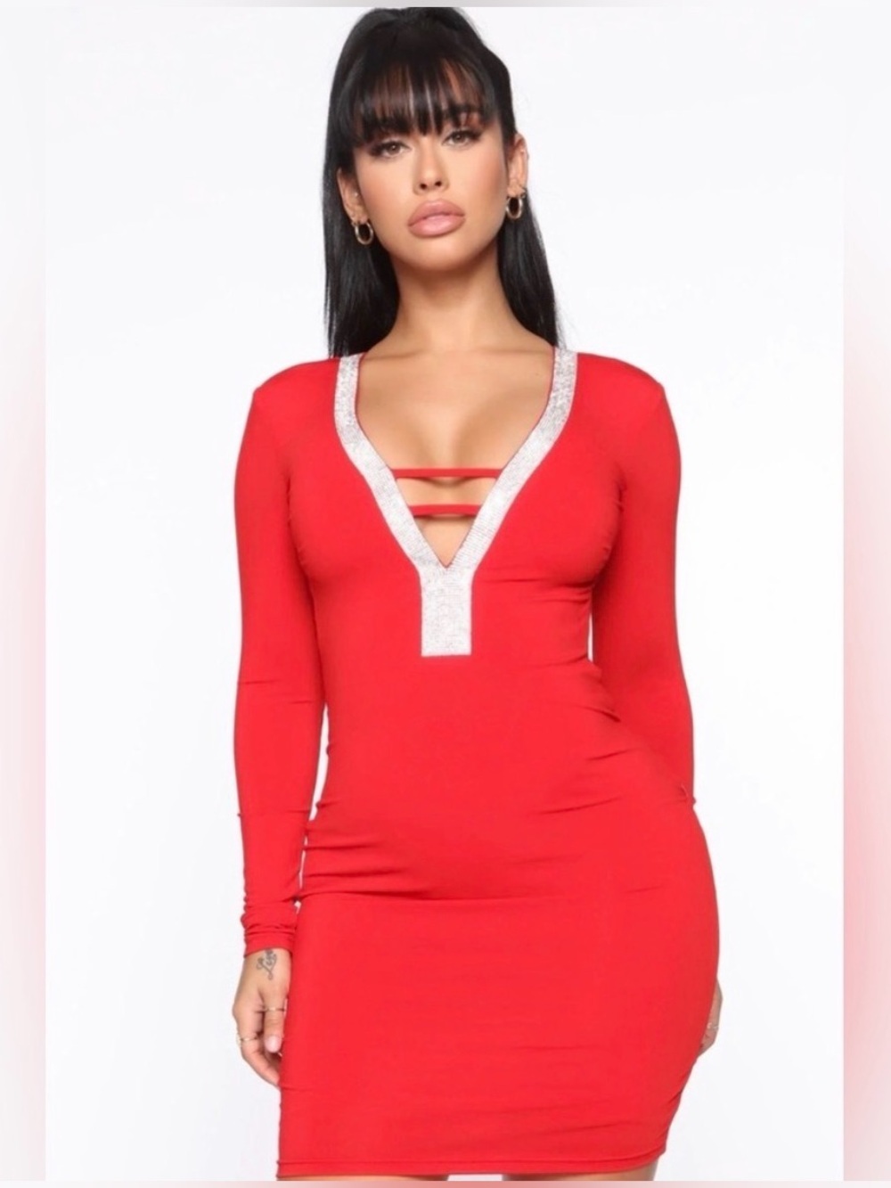 Fashion Nova Red Long Sleeve Deep V Bodycon Dress with Silver Rhinestone Trim